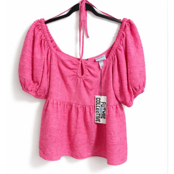 214 Pink Textured Puff Sleeve Babydoll Top Tie Front, Open Back, Feminine Blouse - Picture 2 of 5